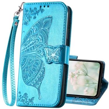 Imagem de KRHGEIK Capa carteira para celular Galaxy A15 5G, feminina borboleta em relevo couro PU com porta-cartões de crédito suporte alça de pulso capa para Samsung A15 5G (azul)