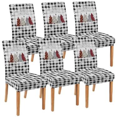 Imagem de shuownshg Conjunto de 6 capas de cadeira de Natal, xadrez, buffalo, árvore de Natal, capa de assento para cadeira de jantar, capa elástica removível para cadeira de Natal, sala de jantar, cozinha,
