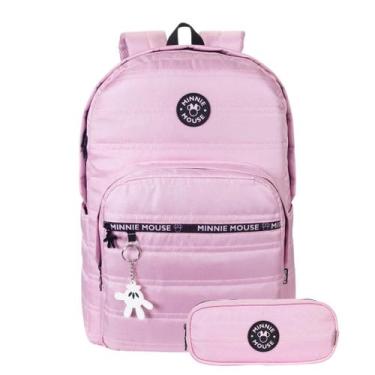 Imagem de Kit Mochila Costas Minnie Mouse Escolar Estojo Duplo Juvenil