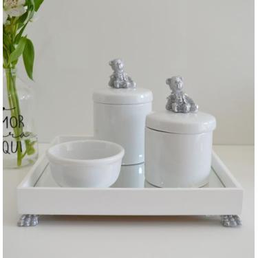Imagem de Kit Higiene K049 Bandeja MDF Porcelanas Apliques Prata Quarto Bebê - C
