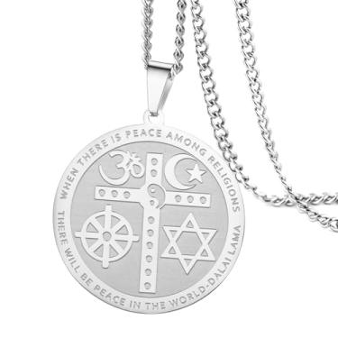 Imagem de VASSAGO Colar Coexist in Peace Colar de cruz Yin Yang Om estrela lua crescente colar roda estrela de David colar para homens e mulheres, Aço inoxidável, Sem Pedra Preciosa