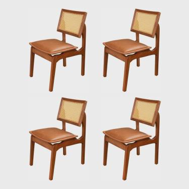 Imagem de Conjunto com 4 Cadeiras de Madeira 100% Maciça Tauari e Rattan Natural com Assento Estofado Daren