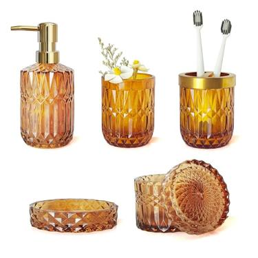 Imagem de LaMarriti Conjunto De Acessórios Para Banheiro, 5 Peças Vidro Marrom Âmbar, Dispensador Sabonete E Porta-Escovas Dentes, Saboneteira, Copo, Potes Cotonetes, Decoração Moderna Banheiro