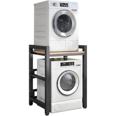 Imagem de Kit De Empilhamento Suporte Ajustável, Lavadora E Secadora De Carga Frontal - Rack Portátil Com Capacidade De 400kg - Unidade De Armazenamento De Lavadora Para Lavanderia, Black Frame+light Walnut