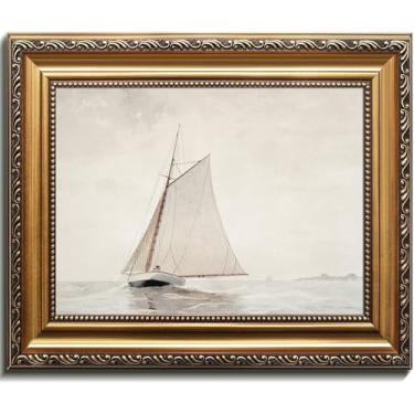 Imagem de Kizbok Arte de parede emoldurada em ouro para decoração de casa, decoração de veleiro neutro mudo, impressões de arte de parede pintura em tela branca em aquarela antiga, pintura de praia vintage