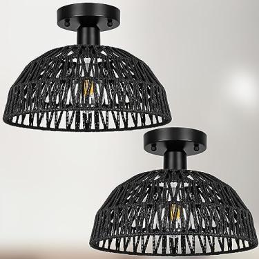 Imagem de Yolsunes Luminárias De Teto Vime, 2 Unidades - Luminária Embutida Em Vime Rústico Preto, Artesanal, Lustre Para Ilha Cozinha, Corredor, Sala Estar, Quarto, Base E26