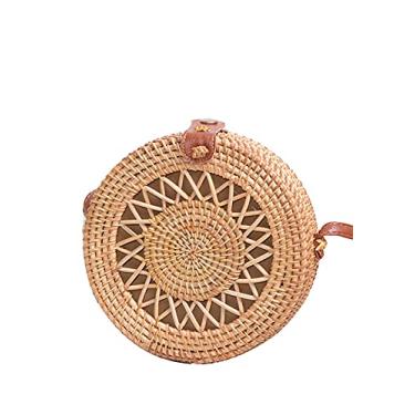 Imagem de SHAREYOIU Bolsa de vime redonda tecida à mão, ombro natural, chique, estilo praia tropical, tecida com alça de couro, Rede, 7 x 3.2 inches