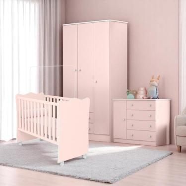 Imagem de Berço Doce Sonho Rosa + Kit Rodízio + Cômoda Sapateira 4g + Guarda-roupa 3p/2g Doce Sonho