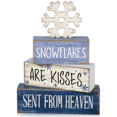 Imagem de Lineshading 4 peças de decorações de mesa de Natal decoração de floco de neve de madeira bandeja de inverno em camadas decoração rústica placas de bloco de neve presente casa de fazenda centro de mesa