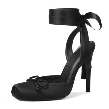 Imagem de Celbreez Saltos de balé de cetim stiletto para mulheres, bico quadrado, laço, cadarço, salto alto nude, sapatos femininos com tiras Mary Jane salto bailarina festa casamento sapatos fofos, Preto, 37