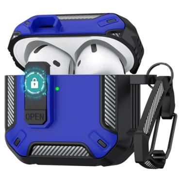 Imagem de Capa protetora rígida para AirPods 4 com trava segura, pop-up automática, proteção total, compatível com Apple AirPods 4ª geração 2024/2025 (preto, azul, capa para Airpods 4)
