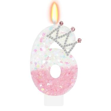 Imagem de ElekFX Vela número 6 rosa e branca, topo de bolo com coroa de glitter, decorações de festa de aniversário de princesa para meninas e mulheres, lembrancinhas de festa de aniversário