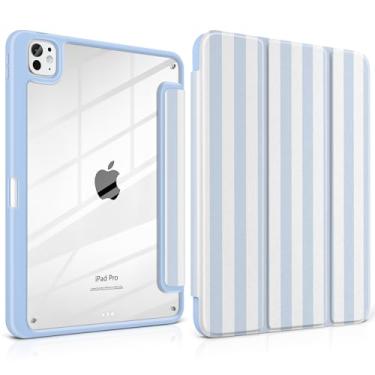 Imagem de Loyrina Capa para iPad Pro de 11 polegadas (M4) versão 2024, fina, leve, bonita, azul claro com suporte de lápis com borda de TPU transparente, suporte de três dobras, azul listrado