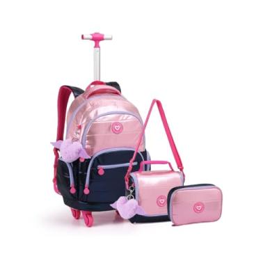 Imagem de Kit Mochila Rodinha Juvenil 360º Chaveiro Asas Meninas Escolar (AZUL)