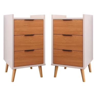 Imagem de Kit Com 2 Mesas De Cabeceira Quarto Estilo Retrô Mesa Lateral Decorativa Toni 3 Gavetas GB Plus Cor:Off White Com Nature