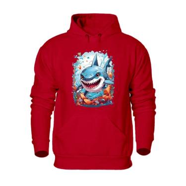 Imagem de Blusa de Moletom Com Capuz Bolso Canguru Flanelada Quente Inverno Estampa Tubarão