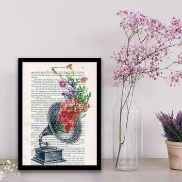 Imagem de Quadro Decorativo Gramofone Com Flores 24X18Cm - Com Vidro - Quadros O