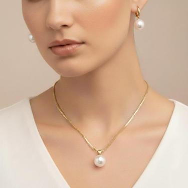 Imagem de Conjunto Colar Feminino Dourado Com Brincos Brilhante Pérola-Feminino