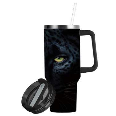 Imagem de ATTX Copo Pantera Negra de 850 g com alça, copo de aço inoxidável a vácuo de parede dupla com palha, caneca de café de viagem isolada #465