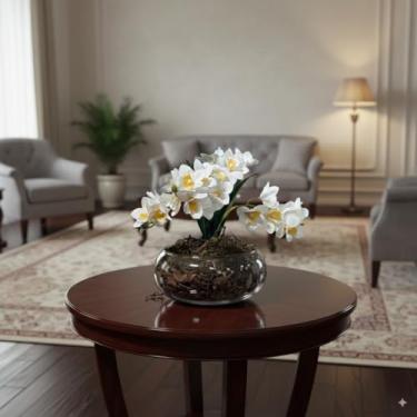 Imagem de Arranjo de Orquídea Artificial em Vaso de Vidro Decorativo para Sala, Lavabo e Escritório(Cymbidium Branca)