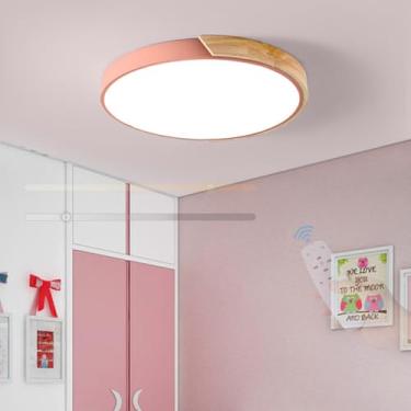 Imagem de GZZBMY Lâmpada de teto LED com controle remoto Lâmpada de teto regulável moderna Madeira redonda Iluminação de teto interna para sala de estar quarto de crianças sala de jantar 3000 K-6500 K (rosa, 50