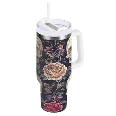 Imagem de SEHANY Copo de caveira e rosas de 850 g com alça, copo isolado de aço inoxidável a vácuo de parede dupla, caneca de café à prova de vazamento, copo isolado para viagem, cabe no suporte de copo de