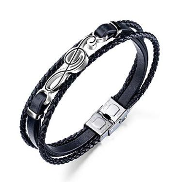 Imagem de Titruebe Pulseira masculina de couro trançado, pulseira, nota musical, clave de agudos, presente punk para ele, Couro, Sem Pedra Preciosa