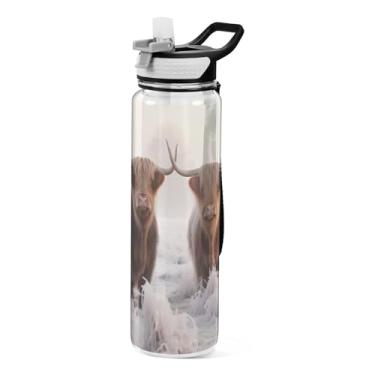 Imagem de Burbuja Garrafa de água Brown Highland Cows de 940 ml com tampa de palha, à prova de vazamento e livre de BPA para academia, esportes ao ar livre