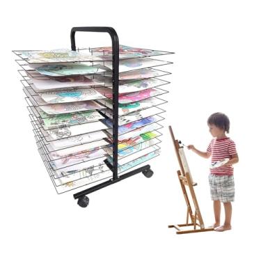 Imagem de Suporte de secagem móvel para sala de aula – Estante de secagem de tinta de 26 camadas com rodas bloqueáveis, ideal para educadores e artistas organizarem e secarem obras de arte com eficiência.