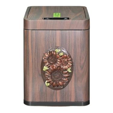Imagem de Caixote de lixo vintage de grão de madeira com tampa, lixeira de indução inteligente com balde de forro removível e porta de carregamento USB, lata de lixo automática quadrada moderna (girassol, 10L)