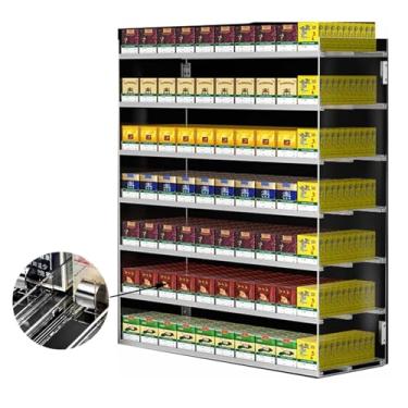 Imagem de Rack de exibição de cigarros | Estojo de exibição de varejo comercial montado na parede/bancada para charutos, doces ou colecionáveis, empurrador automático de caixa de cigarro para supermercados