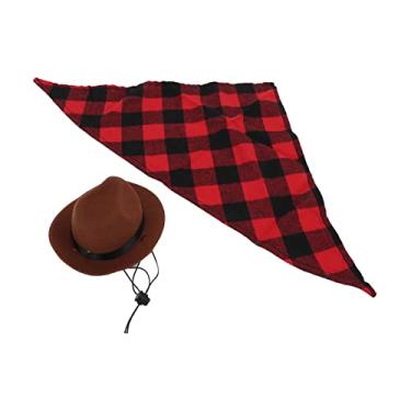 Imagem de Cachecol e chapéu de cowboy TOPINCN, 2 peças de material de poliéster, fantasia de animal de estimação para adereços de férias para chapéu de cowboy (marrom + vermelho)