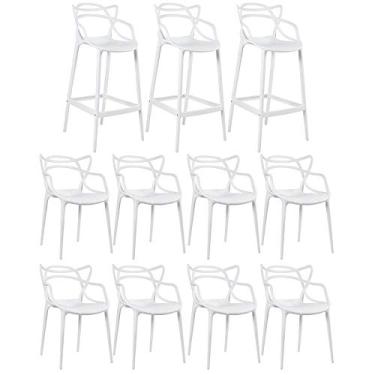 Imagem de Loft7, Kit 8x Cadeiras + 3x Banquetas Altas Masters Allegra, Polipropileno, Área Gourmet, Sala de Estar, Jantar, Cozinha e Comercial - Branco