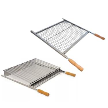 Imagem de Grelha Churrasco Parrilla Argentina e Grelha Tradicional Moeda em Inox e Cabos em Madeira 50x40cm