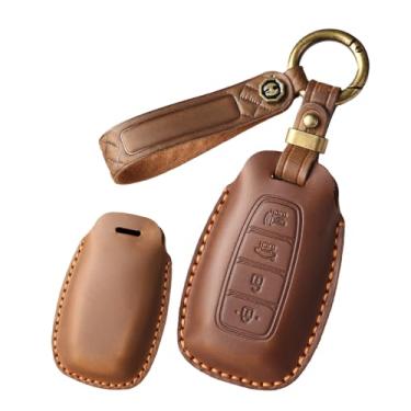 Imagem de HIBEYO Capa de chaveiro de couro genuíno personalizável de 4 botões compatível com Hyundai Palisade Elantra Kona Azera Santa Grandeur IG 2024 Acessórios Capa de chave personalizada - 4 botões marrom