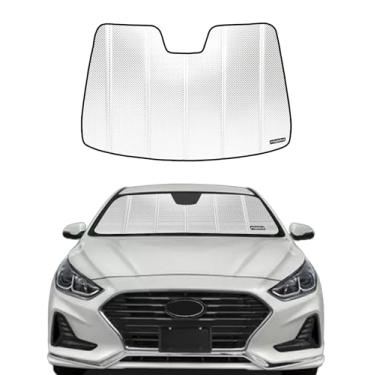Imagem de Pigenius Protetor solar para para-brisa para Hyundai Sonata 2015-2019 sem câmera montada no espelho retrovisor. Película de alumínio refletiva de atualização 2024 para proteção interna máxima