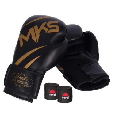 Imagem de Kit Luva de Boxe MKS Champions V3 Preto/Dourada + Bandagem Preta 2,55m