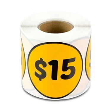Imagem de Adesivos de preço pré-impressos de $15 dólares - adesivos redondos circulares de 5 cm em amarelo profundo para venda de garagem, venda de quintal, mercado de pulgas, adesivos de preços de lojas de