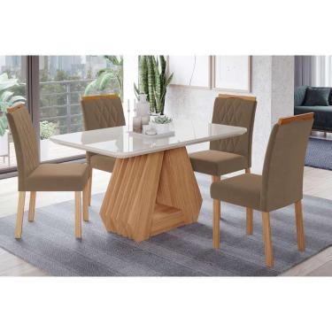Imagem de Sala De Jantar Completa ágata Tampo Madeirado c- Vidro 130x80cm E 4 Cadeiras Juliana Madeirado-suede Joli Capuccino - Cimol