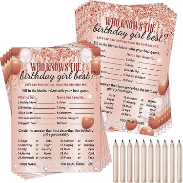 Imagem de Who Knows The Birthday Girl Best Card 50 Pcs Rose Gold Sprinkles Birthday Party Activity Game Card Set Girly Pink Best Card with 10 Pre Pointed Pencils for Teen Girls Sweet Sleepover Slumber Party