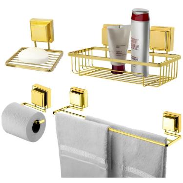 Imagem de Kit Banheiro Suporte Porta Shampoo Papel Higiênico Saboneteira Toalheiro 45cm Ventosa Dourado - Future