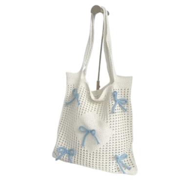 Imagem de IMXPW Bolsa de crochê com laço de crochê bolsas fofas de malha rosa estética bolsas de ombro para mulheres férias, Azul, One Size