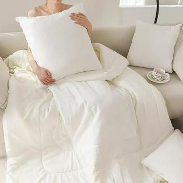 Imagem de Xiamenzcx Combo de travesseiro dobrável 2 em 1 - travesseiro de viagem 100% algodão e cobertor leve para cochilo de escritório, carro, sofá, avião - edredom compacto multiuso para adultos (branco)