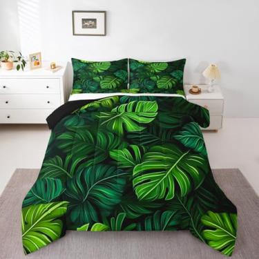 Imagem de Erosebridal Conjunto de edredom com folhas de palmeira tropical, verão, plantas do Havaí, verde, aquarela, folhas de palmeira, tamanho Queen, para crianças, meninos, meninas, conjunto de cama com