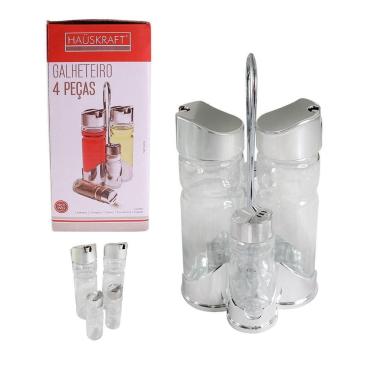 Imagem de Kit Galheteiro Com 4 Peças Em Vidro E Suporte Inox Pratico