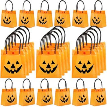 Imagem de Kolldenn 24 peças de sacolas de presente de Halloween verão PVC com alça reutilizável sacos de embrulho de doces para festa de Halloween sacola de doces ou travessuras, 16 x 15 x 8 cm (abóbora