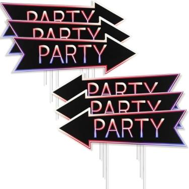 Imagem de Memorywuu 9 placas de festa dupla face com estacas de metal 13 x 40 cm Party This Way impermeável plástico corrugado seta neon sinais de direção para casamento, aniversário, exterior, gramado