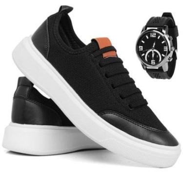 Imagem de Tênis Branco Casual Masculino Sapatênis Calce Facil Moda Estilo Leve Macio Confortável + Relógio-Masculino