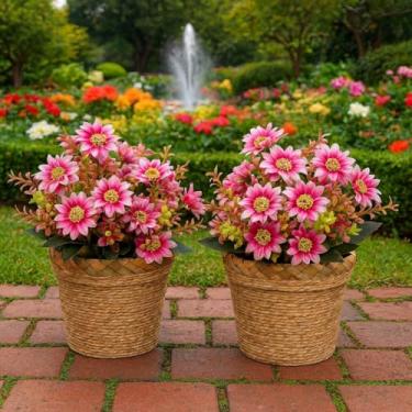 Imagem de Kit 2 Vasos Decorativos Rústicos com Margaridas Artificiais, Palha e MDF, 30x12cm, Rosa e Amarelo, para Decoração de Casa, Escritório, Festas