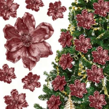 Imagem de Yuxung 20 peças de enfeites de flores de magnólia de poinsétia com purpurina, cabeças grandes, flores artificiais de magnólia para árvore de Natal, guirlanda de Natal, decoração de casamento (ouro